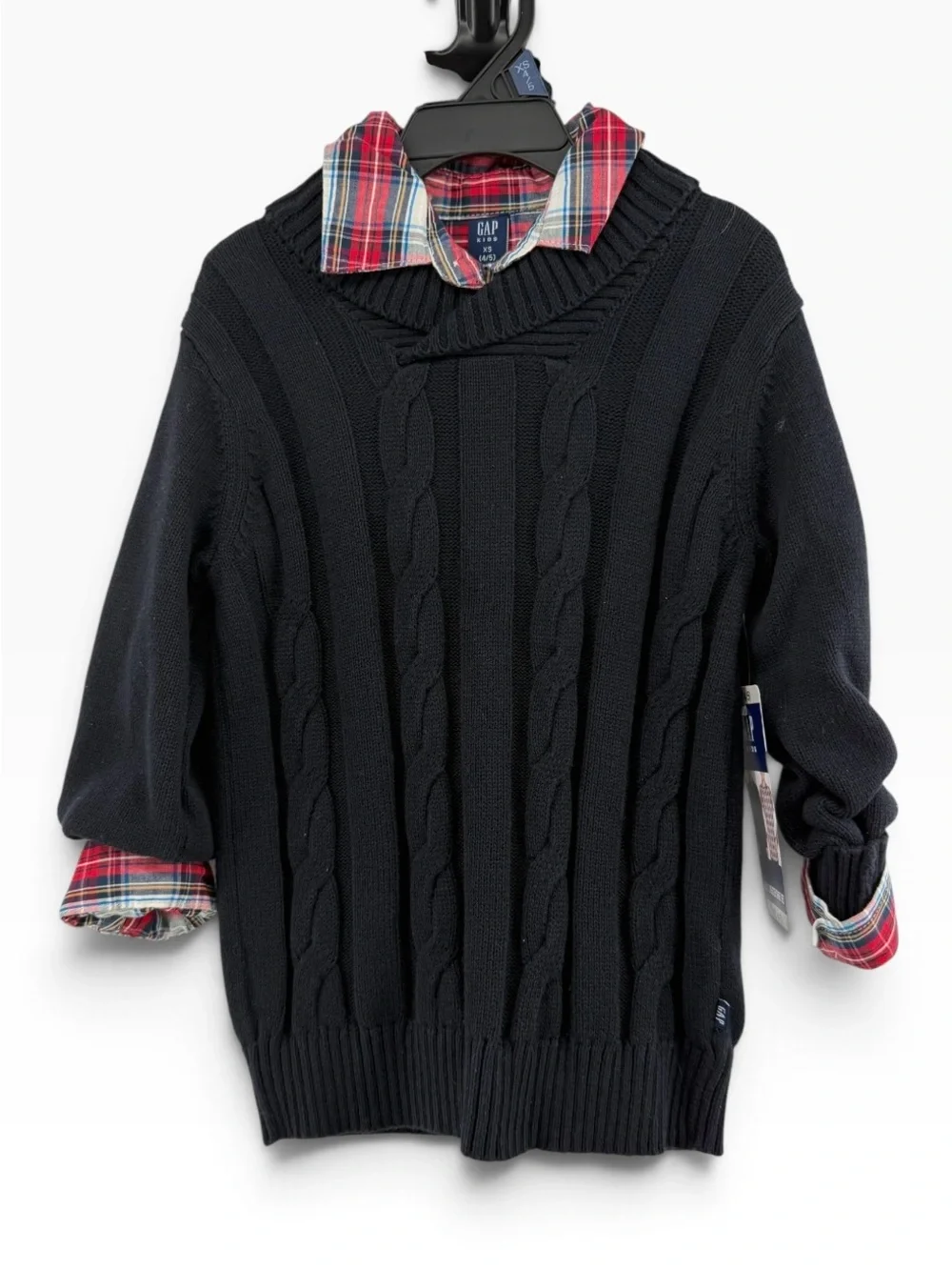 GAP Kids Black Cable-Knit Sweater with Red Plaid Long-Sleeve